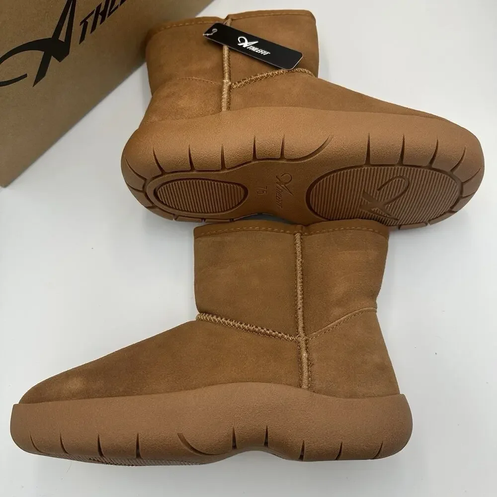 Athlefit Snow Boots Slip On Womens‎ Suede Faux Wool Fur Lining Chestnut